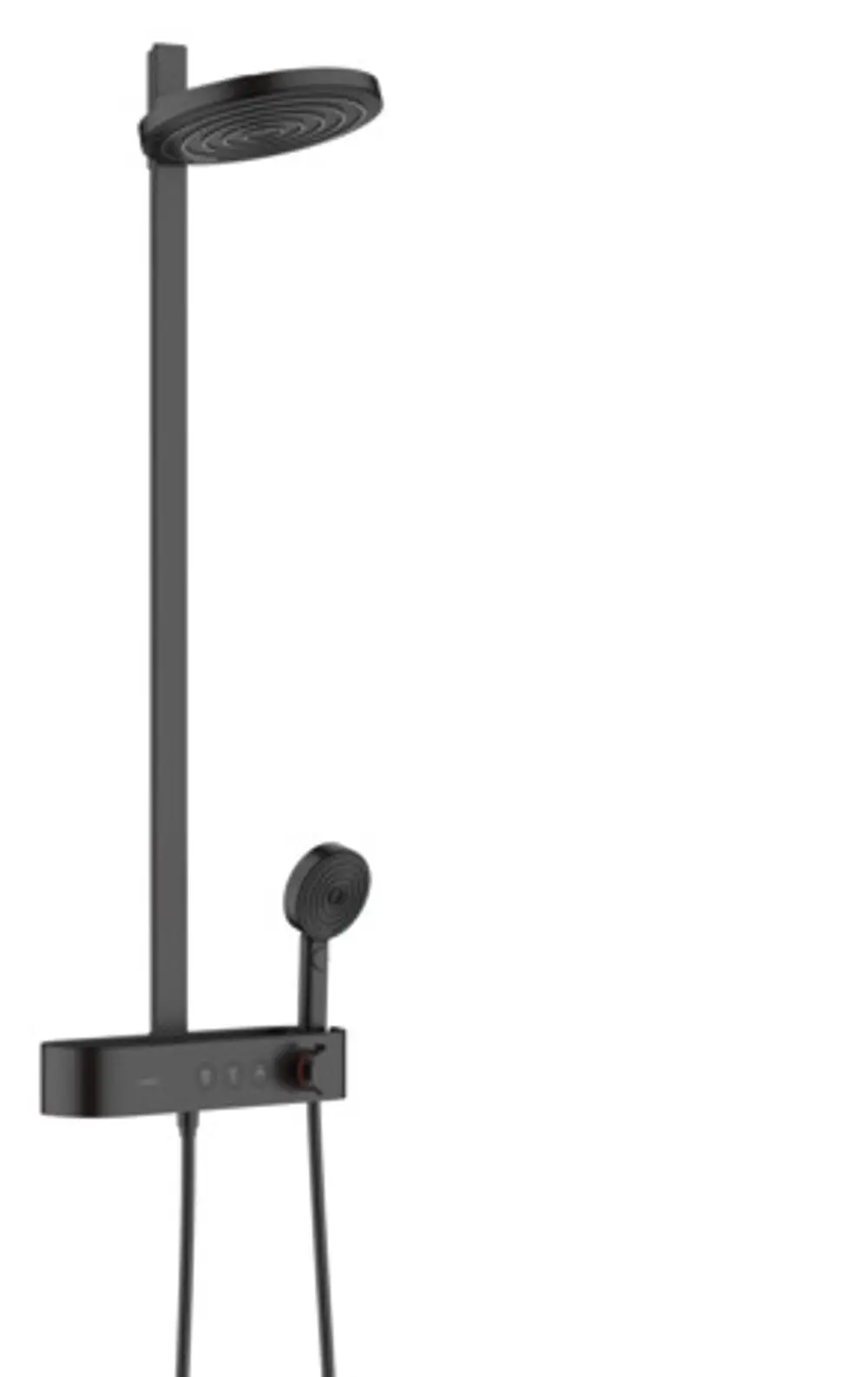 Schwarze Duscharmatur von Hansgrohe mit Regendusche und Handbrause. Einheitliche Gestaltung mit Wandpaneel und Bedienelementen in mattem Schwarz.